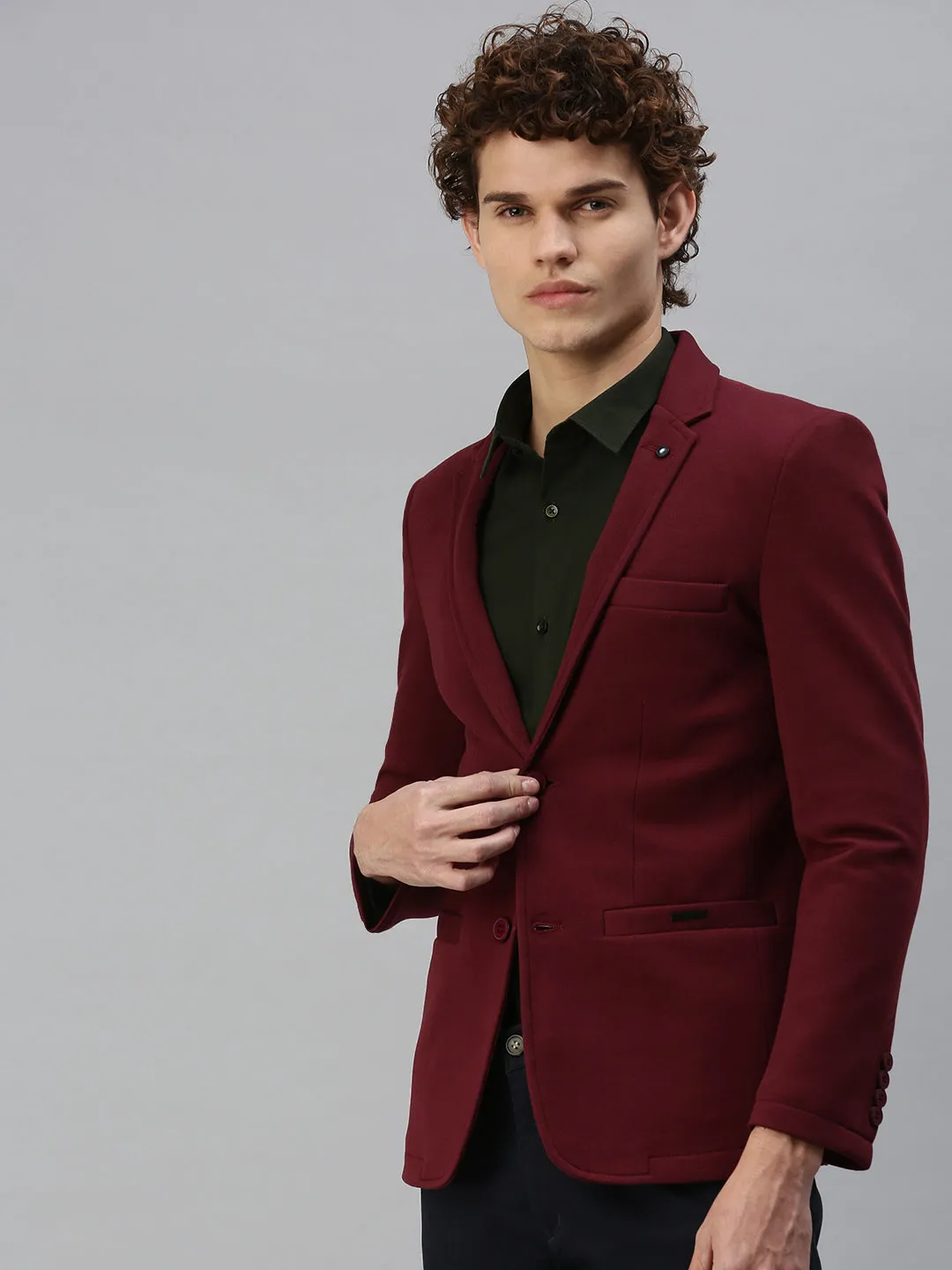 Men Maroon Solid Casual Single-Breasted Slim-Fit Blazer