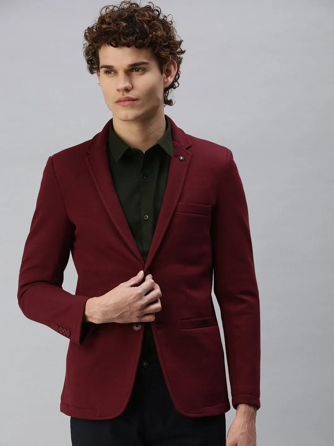 Men Maroon Solid Casual Single-Breasted Slim-Fit Blazer