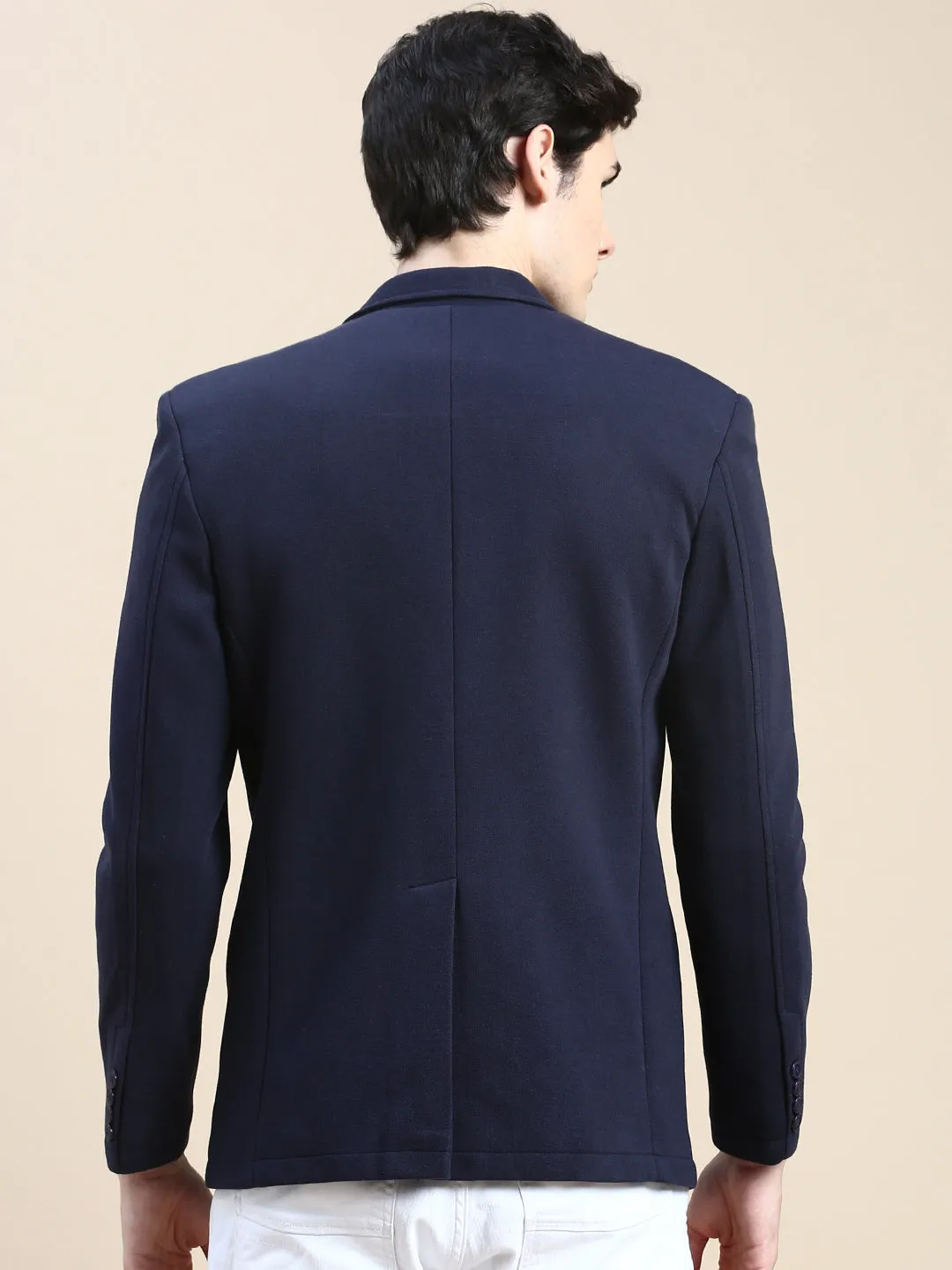 Men Navy Blue Slim-Fit Notched Lapel Collar Single Breasted Casual Blazer