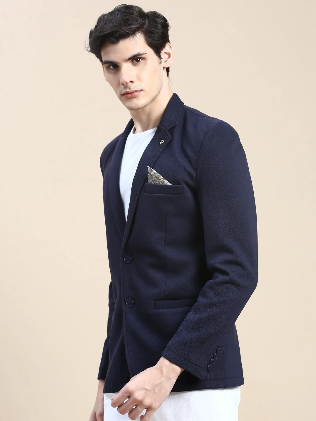 Men Navy Blue Slim-Fit Notched Lapel Collar Single Breasted Casual Blazer