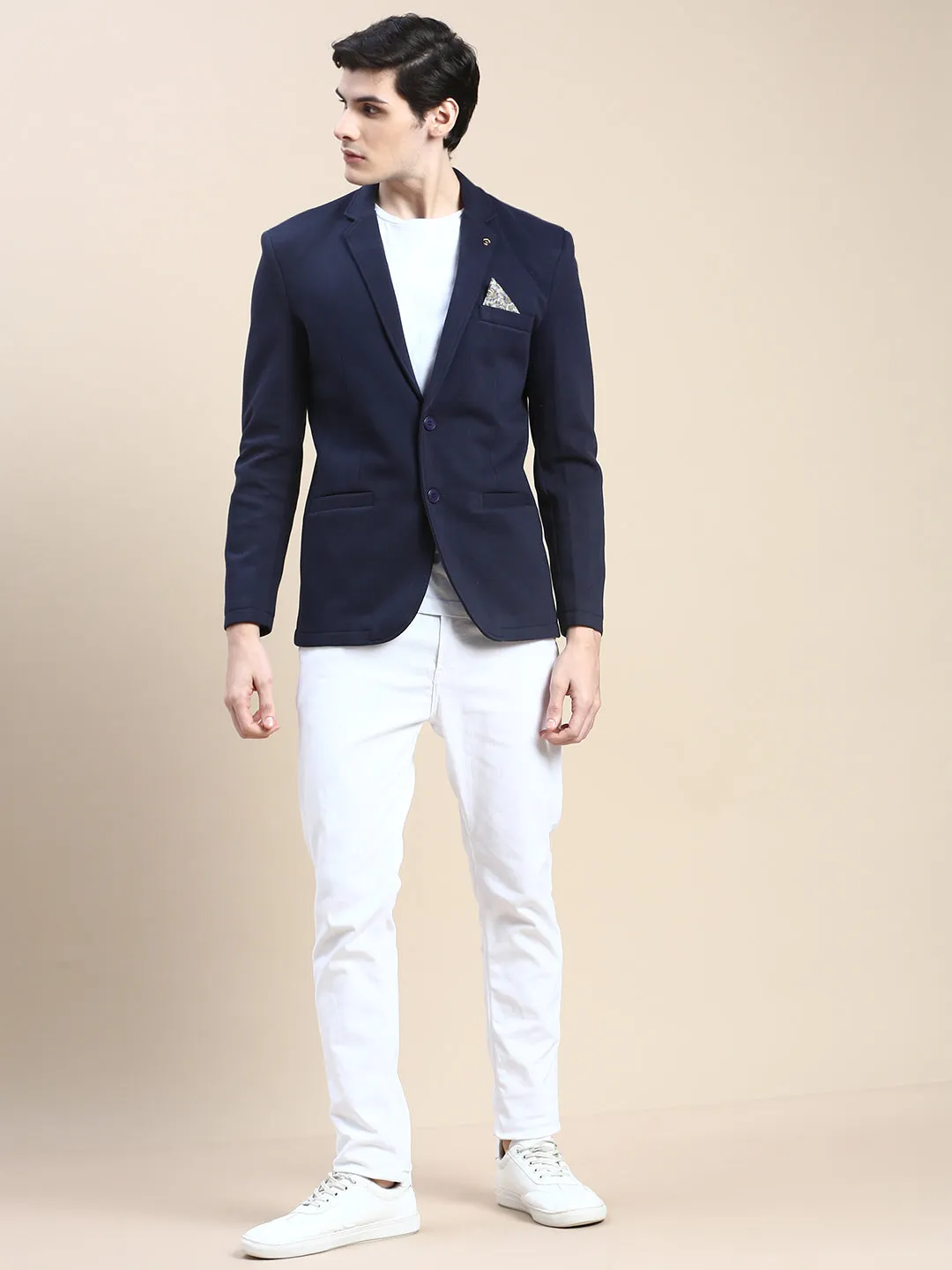 Men Navy Blue Slim-Fit Notched Lapel Collar Single Breasted Casual Blazer