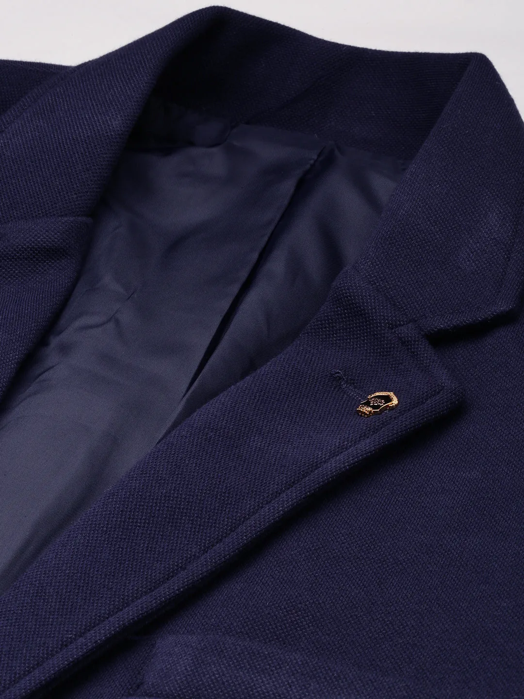 Men Navy Blue Slim-Fit Notched Lapel Collar Single Breasted Casual Blazer