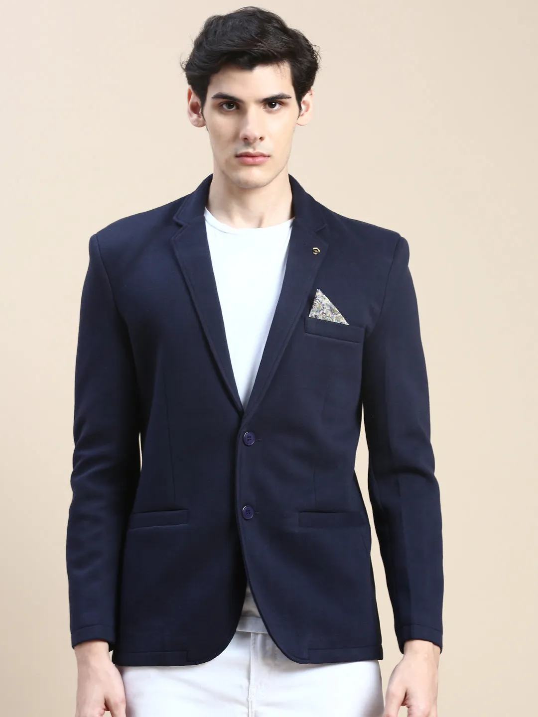 Men Navy Blue Slim-Fit Notched Lapel Collar Single Breasted Casual Blazer