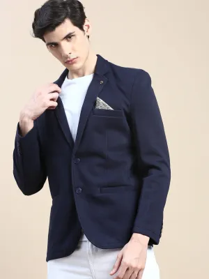 Men Navy Blue Slim-Fit Notched Lapel Collar Single Breasted Casual Blazer
