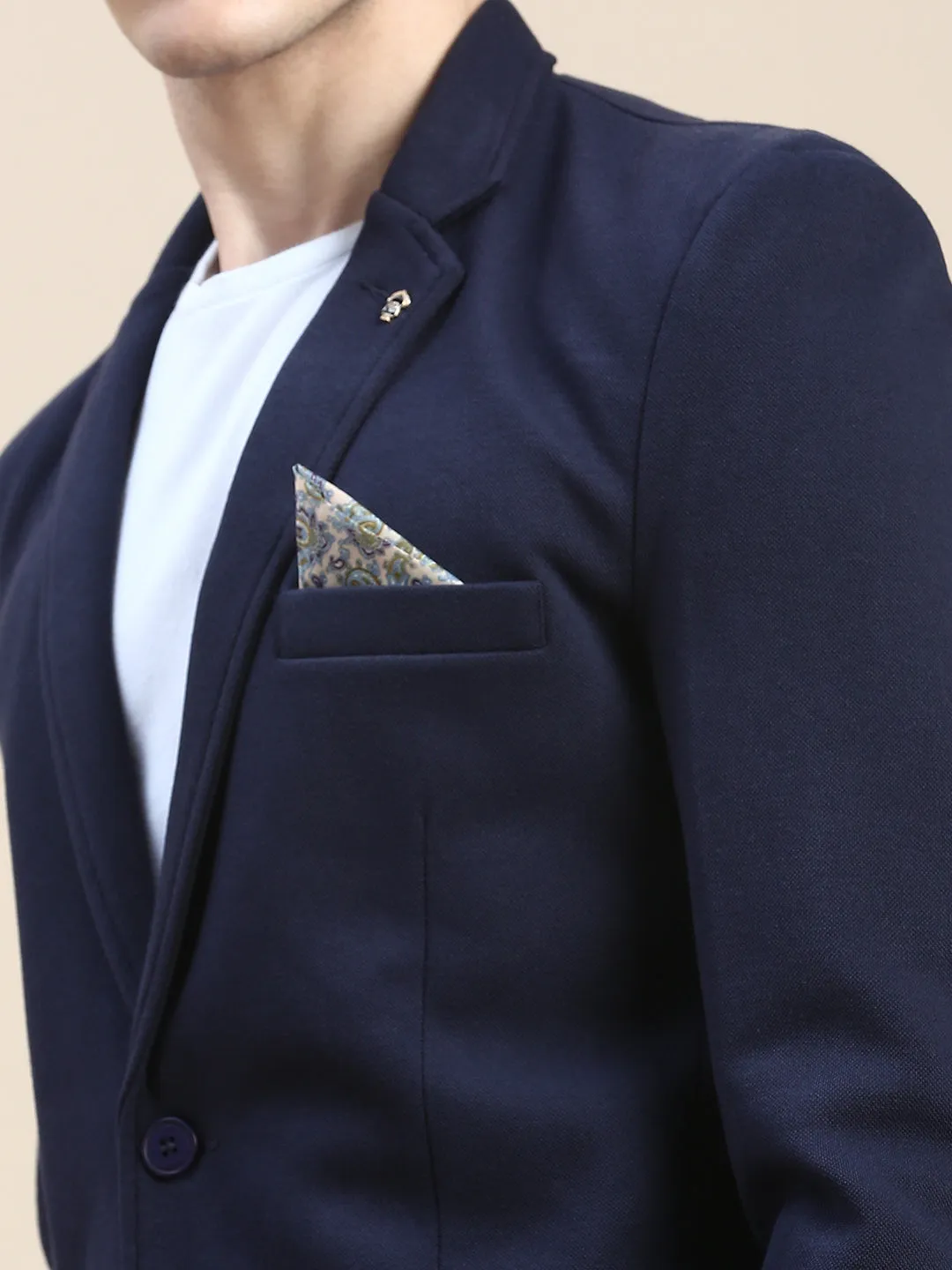 Men Navy Blue Slim-Fit Notched Lapel Collar Single Breasted Casual Blazer
