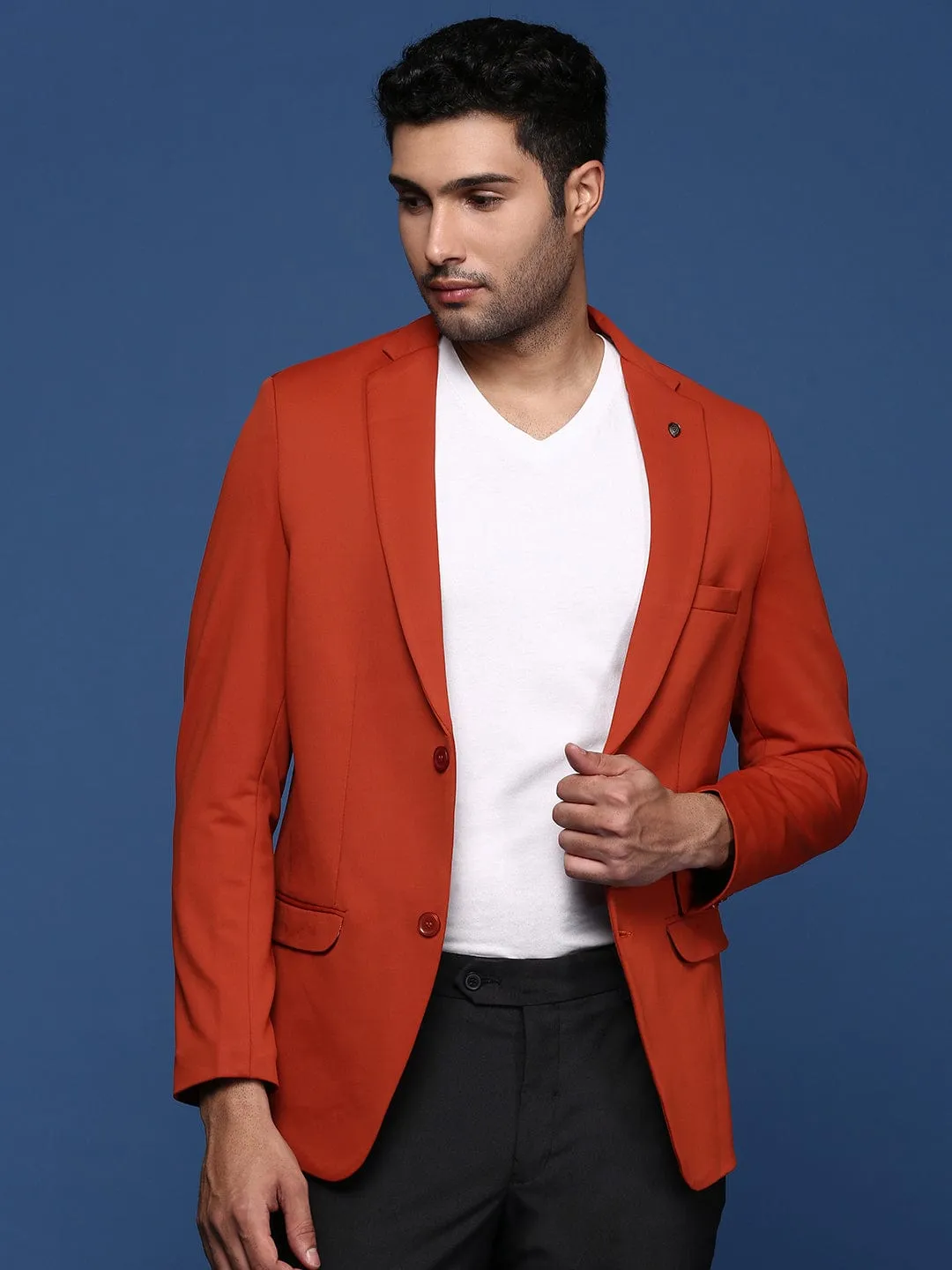 Men Rust Single-Breasted Slim-Fit Cotton Formal Blazer