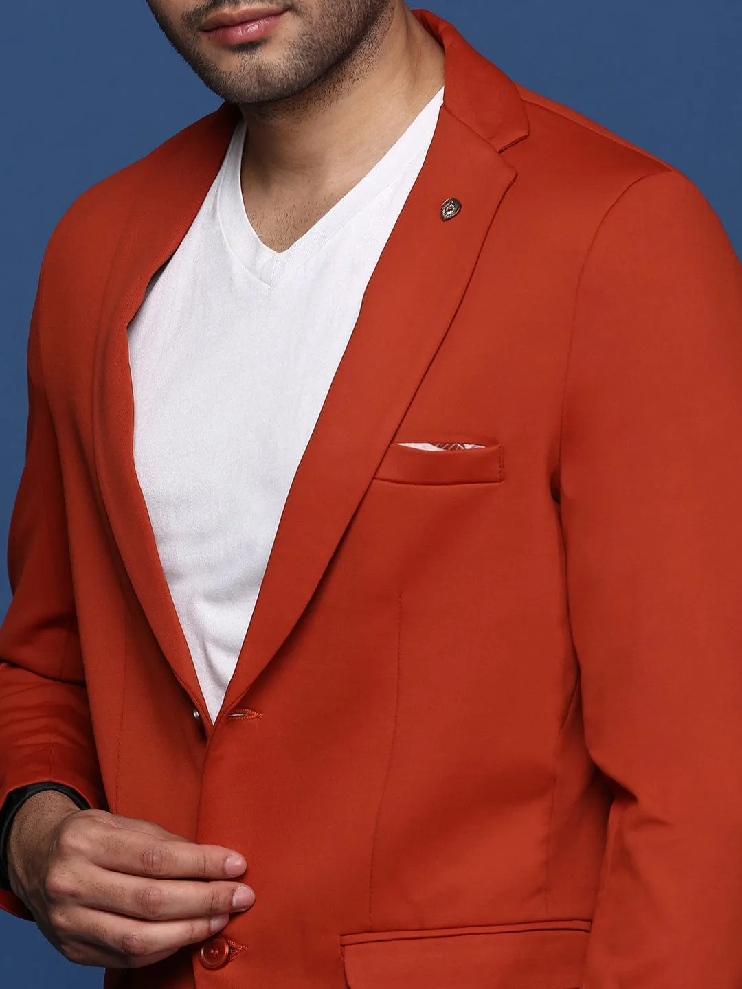 Men Rust Single-Breasted Slim-Fit Cotton Formal Blazer
