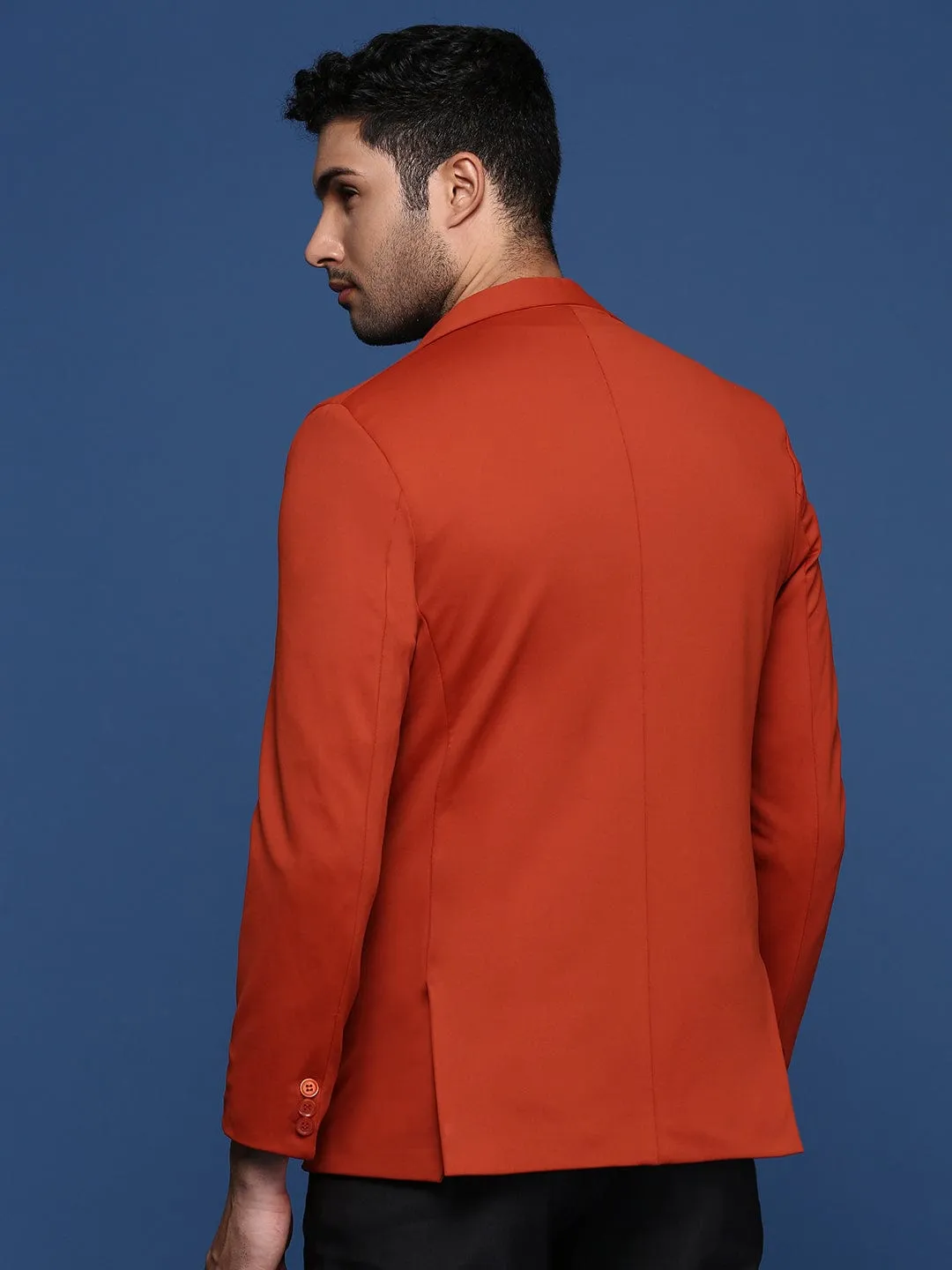Men Rust Single-Breasted Slim-Fit Cotton Formal Blazer