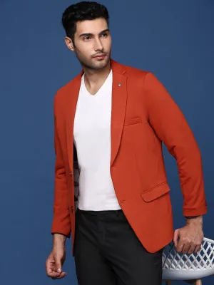 Men Rust Single-Breasted Slim-Fit Cotton Formal Blazer
