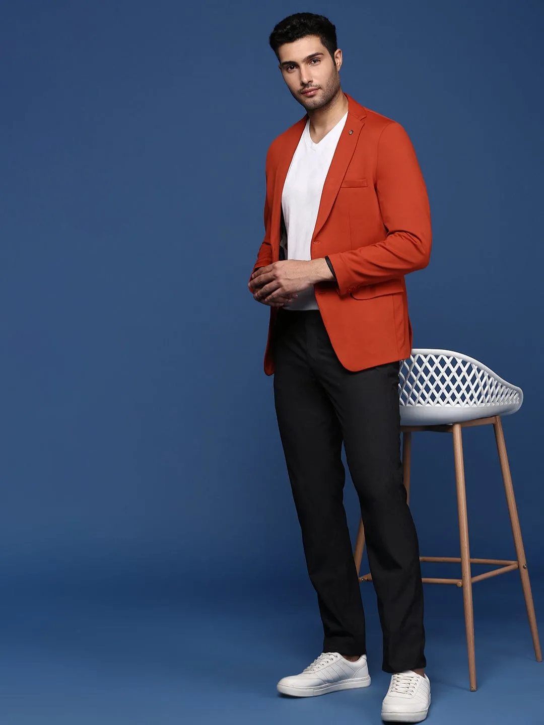 Men Rust Single-Breasted Slim-Fit Cotton Formal Blazer