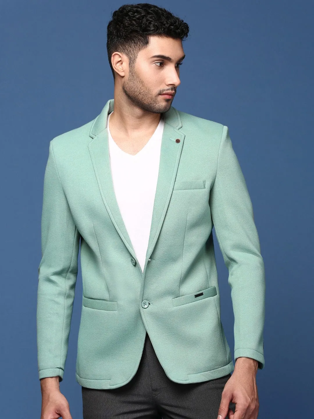 Men Sea Green Notched Lapel Collar Cotton Slim-Fit Single-Breasted Blazer