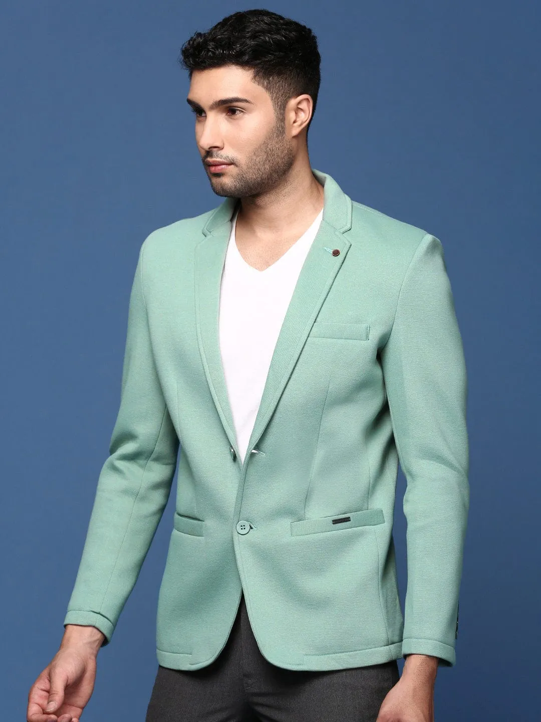 Men Sea Green Notched Lapel Collar Cotton Slim-Fit Single-Breasted Blazer