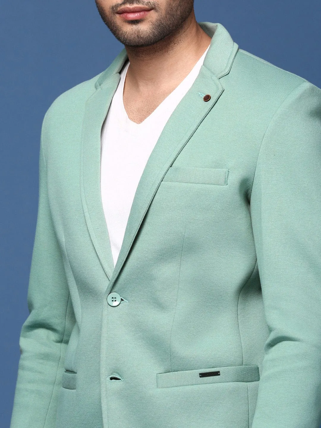 Men Sea Green Notched Lapel Collar Cotton Slim-Fit Single-Breasted Blazer