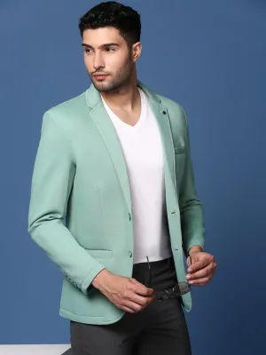 Men Sea Green Notched Lapel Collar Cotton Slim-Fit Single-Breasted Blazer