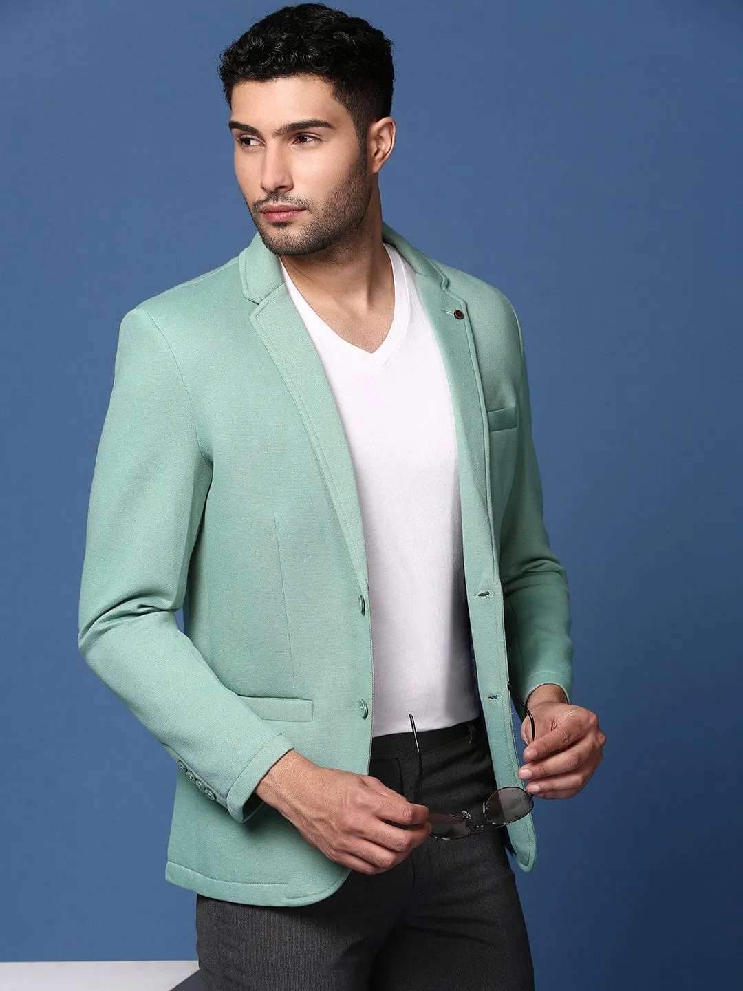 Men Sea Green Notched Lapel Collar Cotton Slim-Fit Single-Breasted Blazer