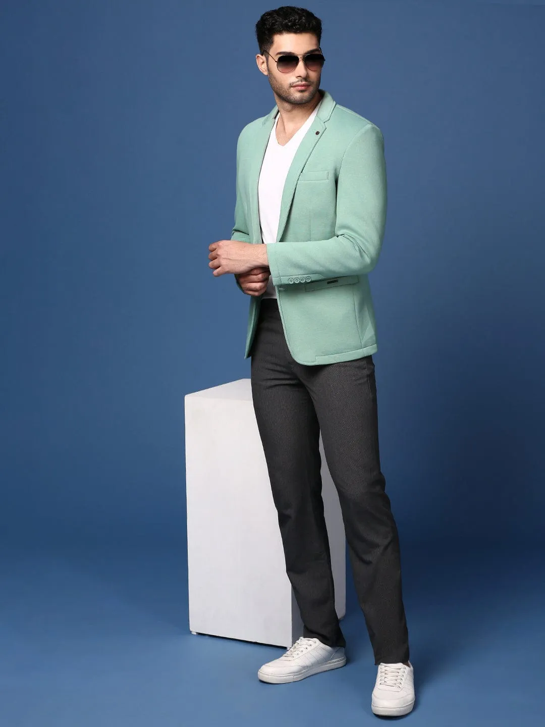 Men Sea Green Notched Lapel Collar Cotton Slim-Fit Single-Breasted Blazer