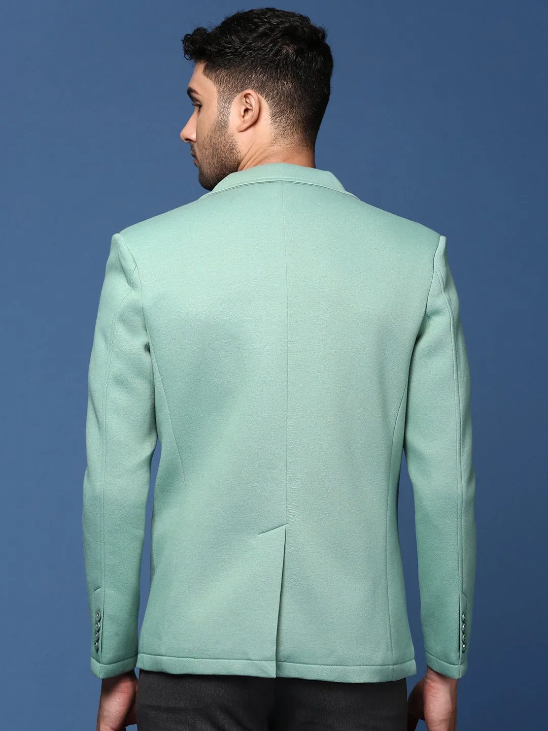 Men Sea Green Notched Lapel Collar Cotton Slim-Fit Single-Breasted Blazer