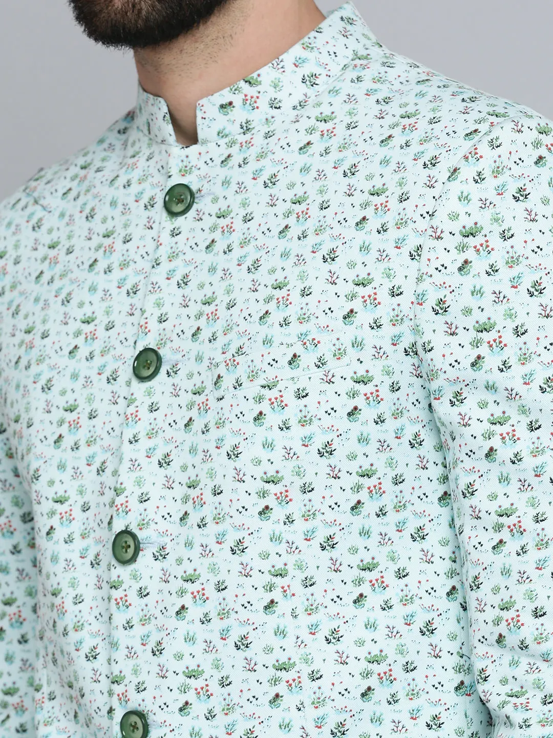 Men Sea Green Printed Bandhgala Blazer