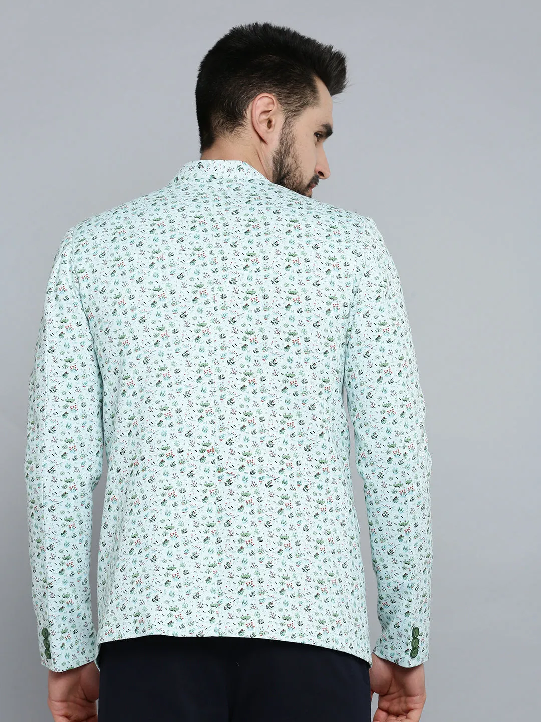 Men Sea Green Printed Bandhgala Blazer