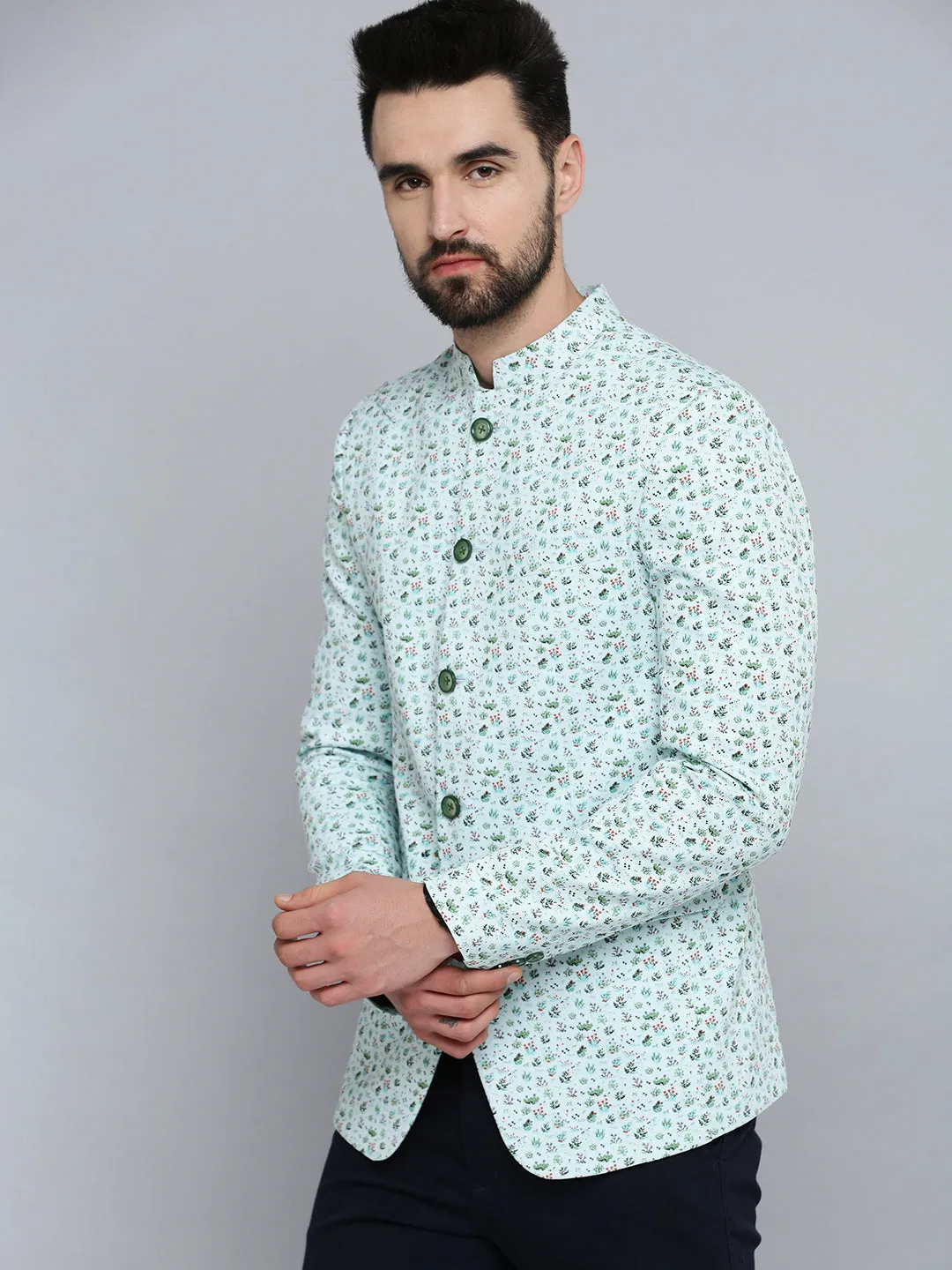 Men Sea Green Printed Bandhgala Blazer