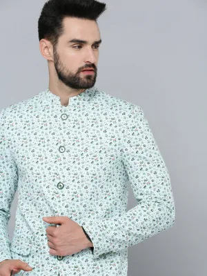 Men Sea Green Printed Bandhgala Blazer