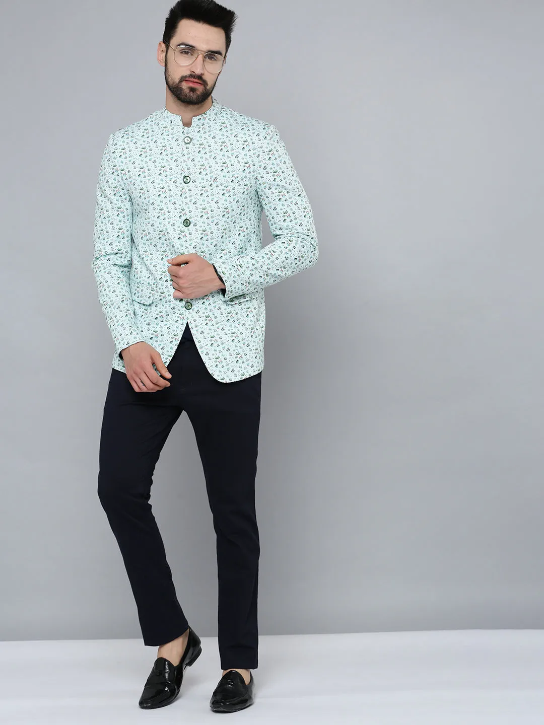 Men Sea Green Printed Bandhgala Blazer