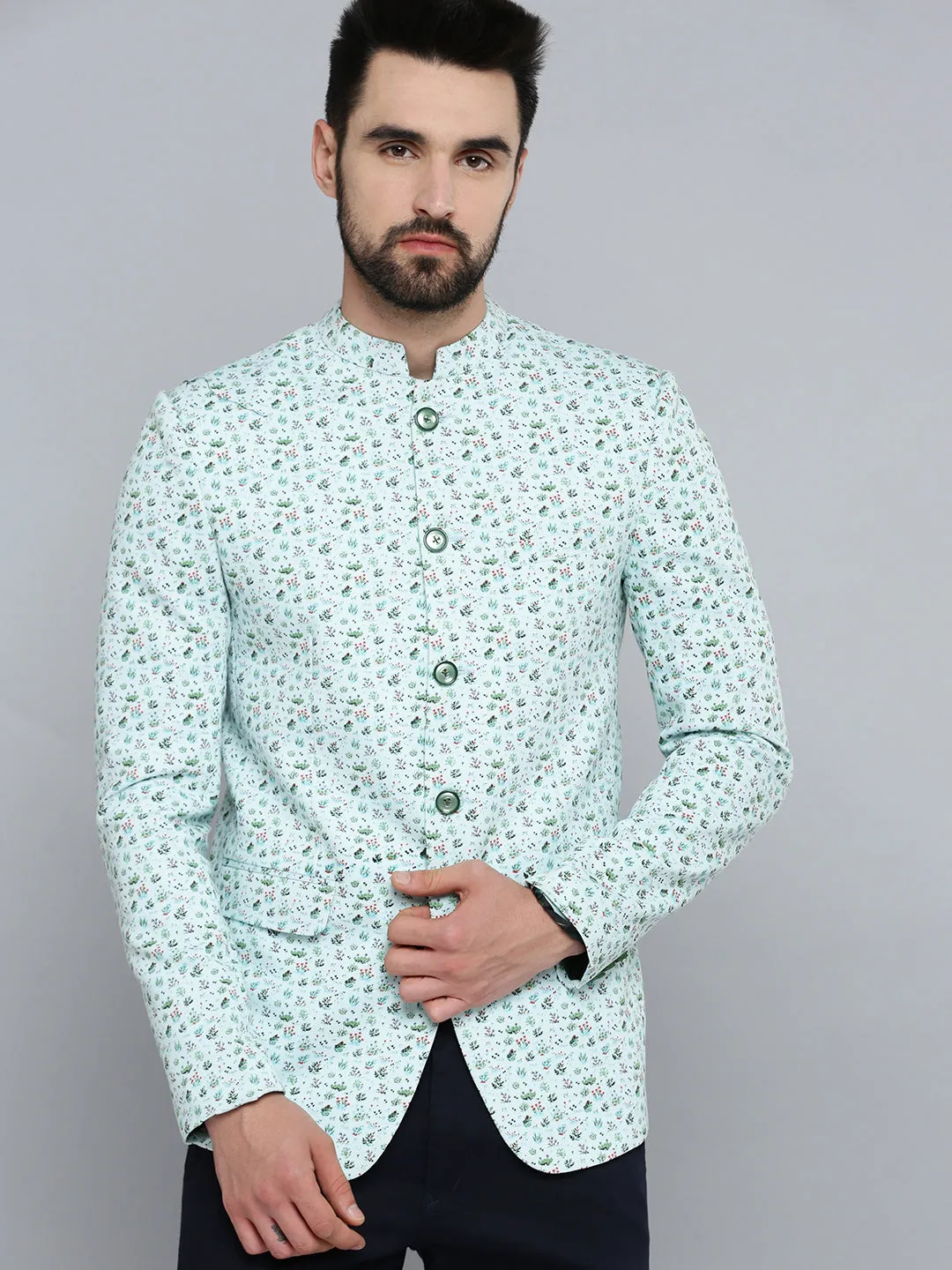 Men Sea Green Printed Bandhgala Blazer