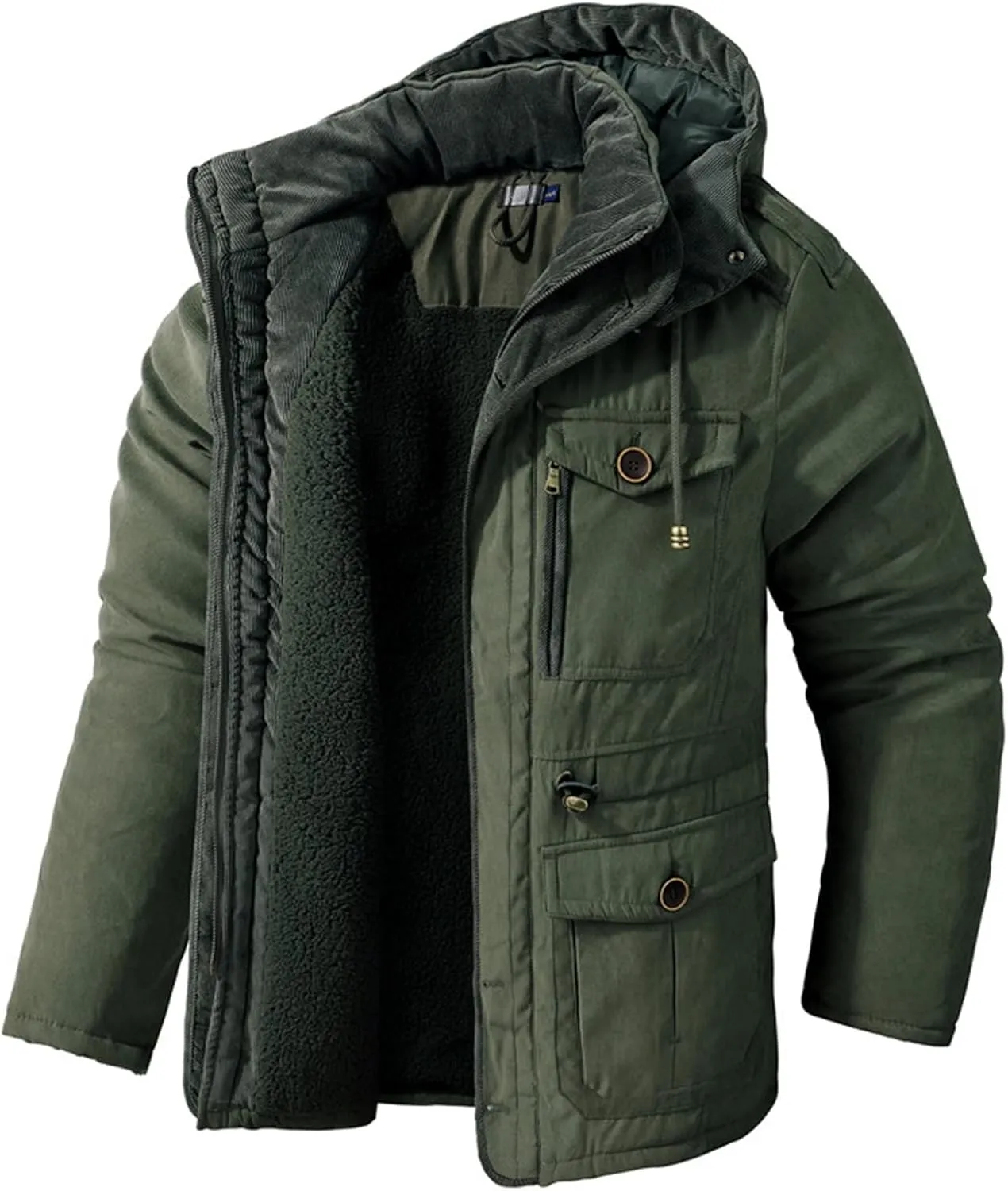 Mens Down Jacket Men's Coat Autumn and Winter Men's Coat Coat Padded Velvet Cotton Men's Coat Parka Hooded Casual Coat Size(Green,XXXL)