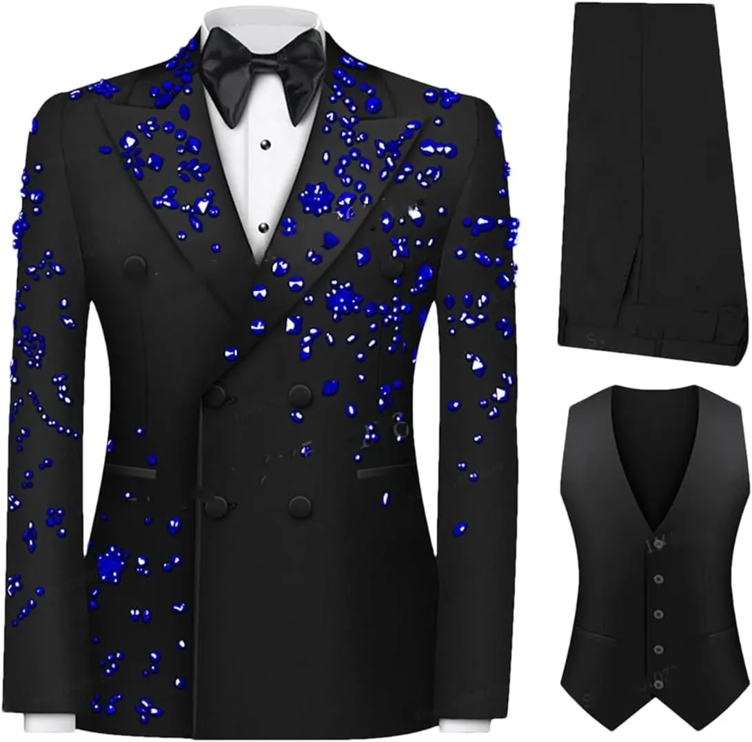 Men's Luxury Slim Fit 3 Pieces Suits, Jewel Decoraction Jacket Vest Pants Suit Set for Party Prom Wedding Groom