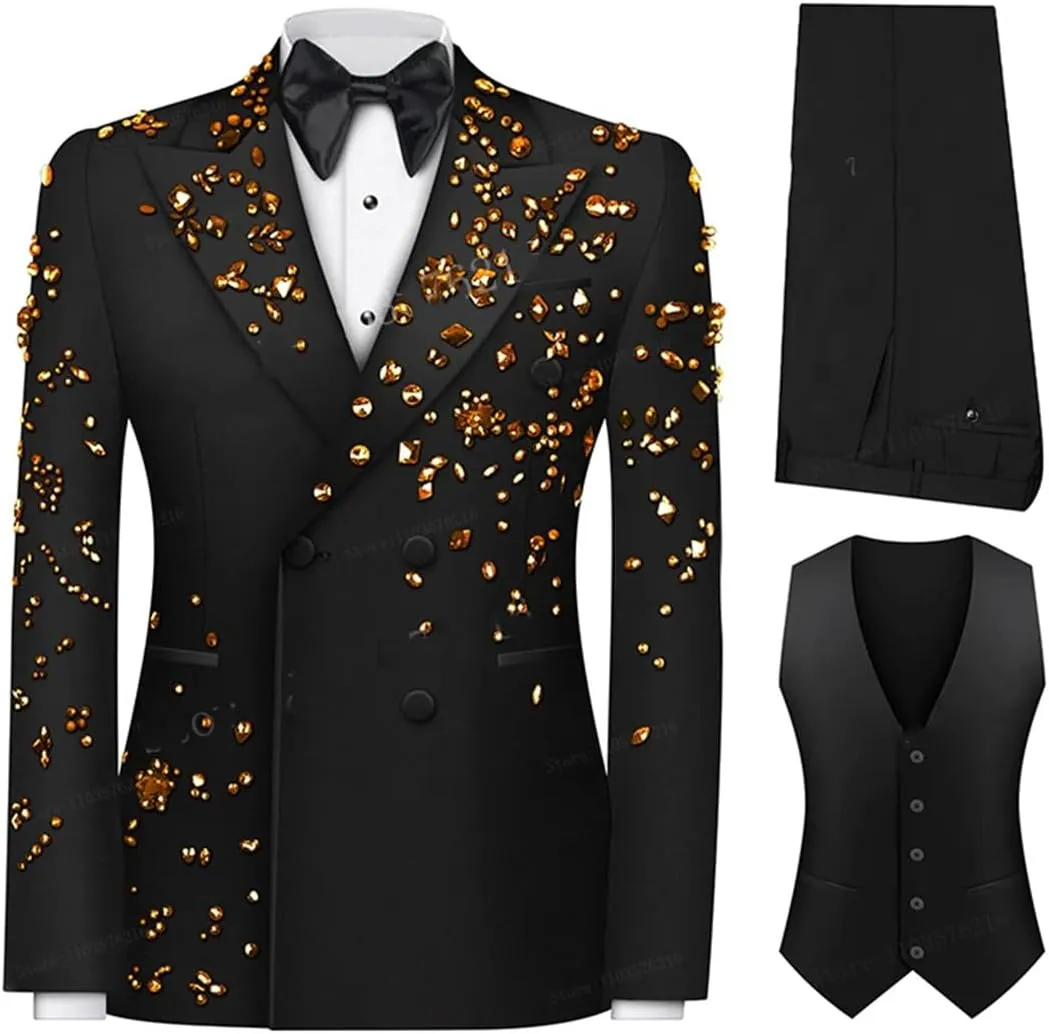 Men's Luxury Slim Fit 3 Pieces Suits, Jewel Decoraction Jacket Vest Pants Suit Set for Party Prom Wedding Groom