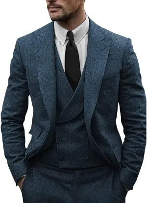 Men's Silk-Cotton Fine Tweed Wool Suits 3 Piece Slim Fit Wedding Suit Prom Tuxedos Brown Grey Jacket Vest Pants