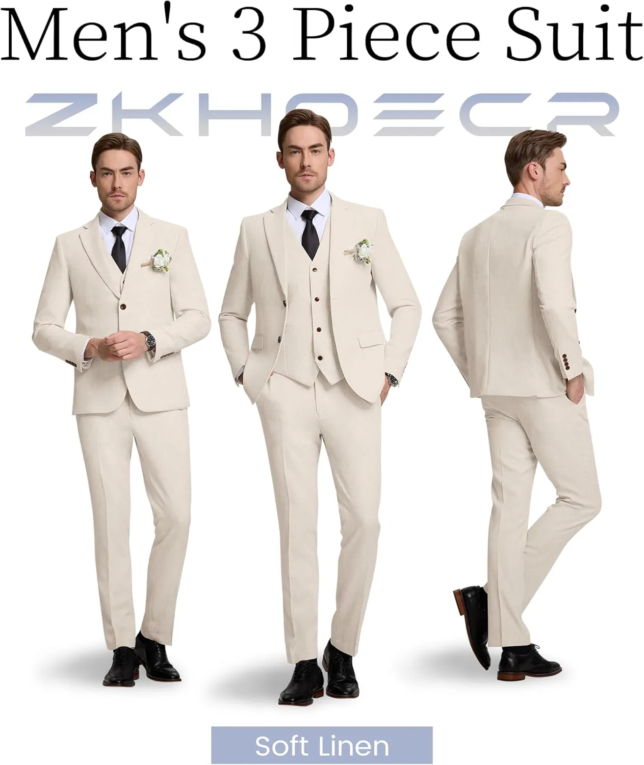 Men's Suit 3 Piece Linen Suits Slim Fit Suit Blazer Vest Pants Set Wedding Prom Tuxedos Business Casual Suit