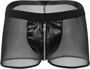 Mens Zipper Lingerie Underwear Faux Leather Pouch Boxer Briefs Shorts Pants See Through Sexy Mesh Erotic Clubwear (Black,Large)