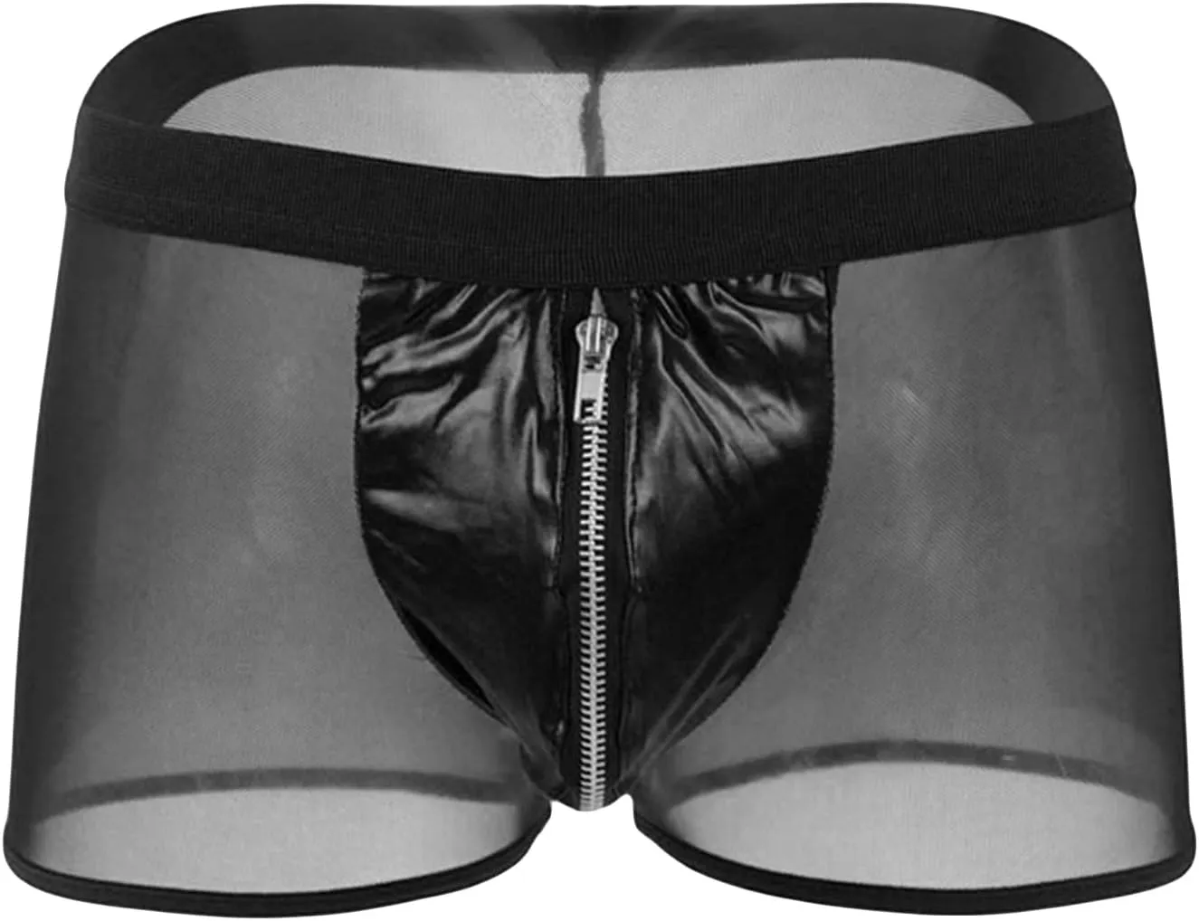 Mens Zipper Lingerie Underwear Faux Leather Pouch Boxer Briefs Shorts Pants See Through Sexy Mesh Erotic Clubwear (Black,Large)