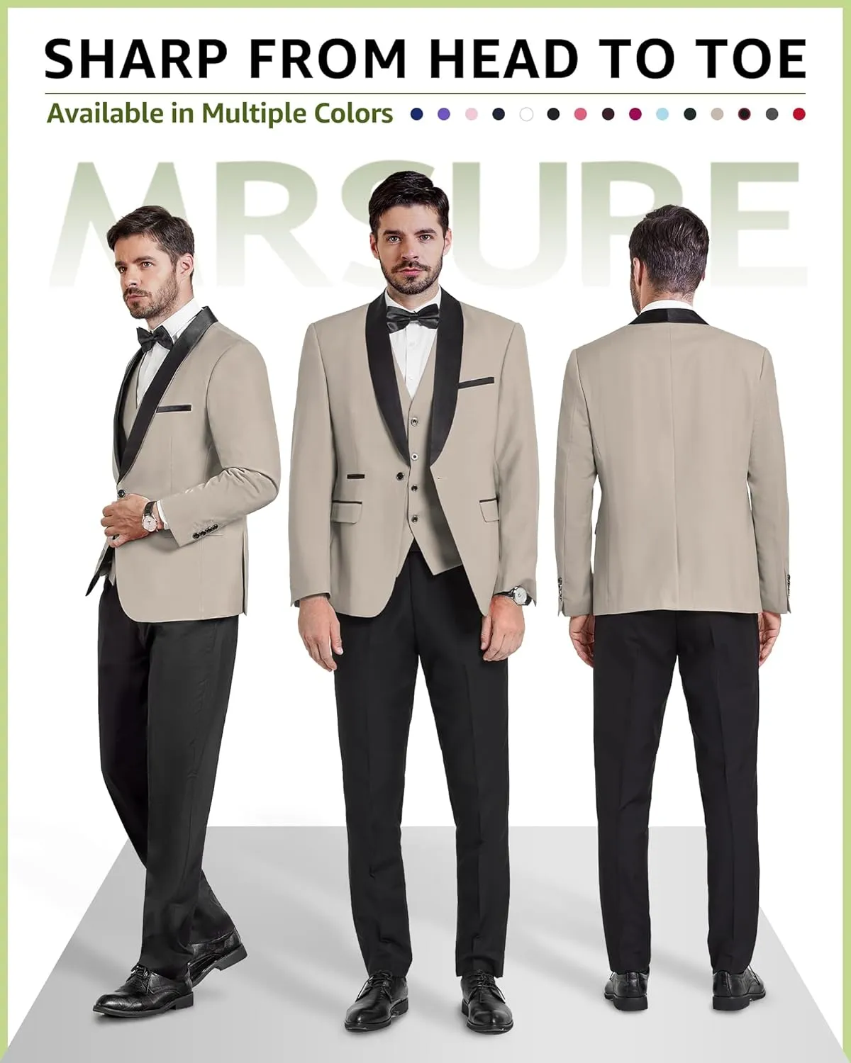 MrSure Mens 3 Piece Slim Fit Suit, One Button Shawl Lapel Tuxedo, Premium Dinner Jacket Vest Pants & Tie Set