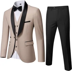 MrSure Mens 3 Piece Slim Fit Suit, One Button Shawl Lapel Tuxedo, Premium Dinner Jacket Vest Pants & Tie Set