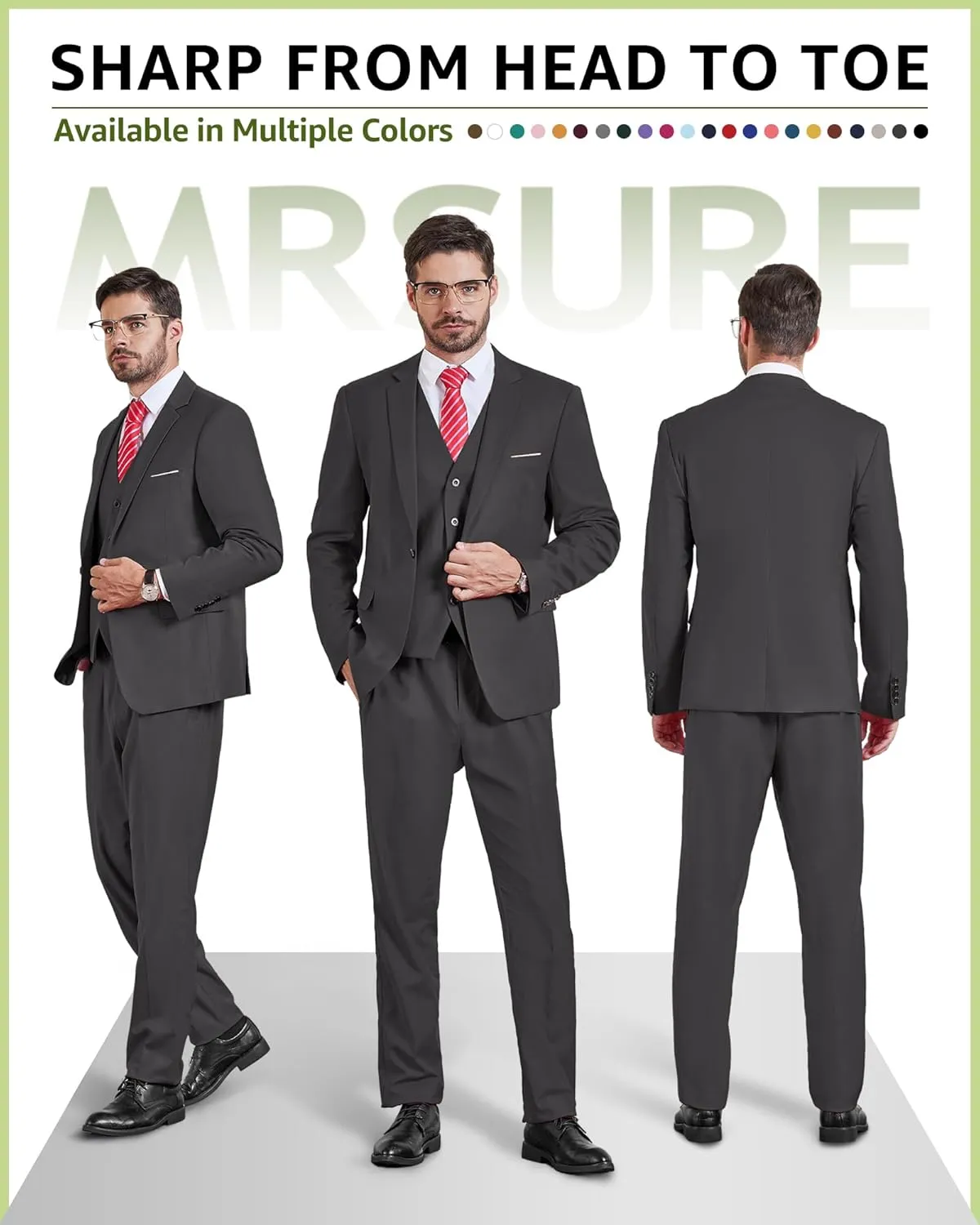 MrSure Mens 3 Piece Suit Blazer, Slim Fit Tux with One Button, Jacket Vest Pants & Tie Set for Party, Wedding and Business