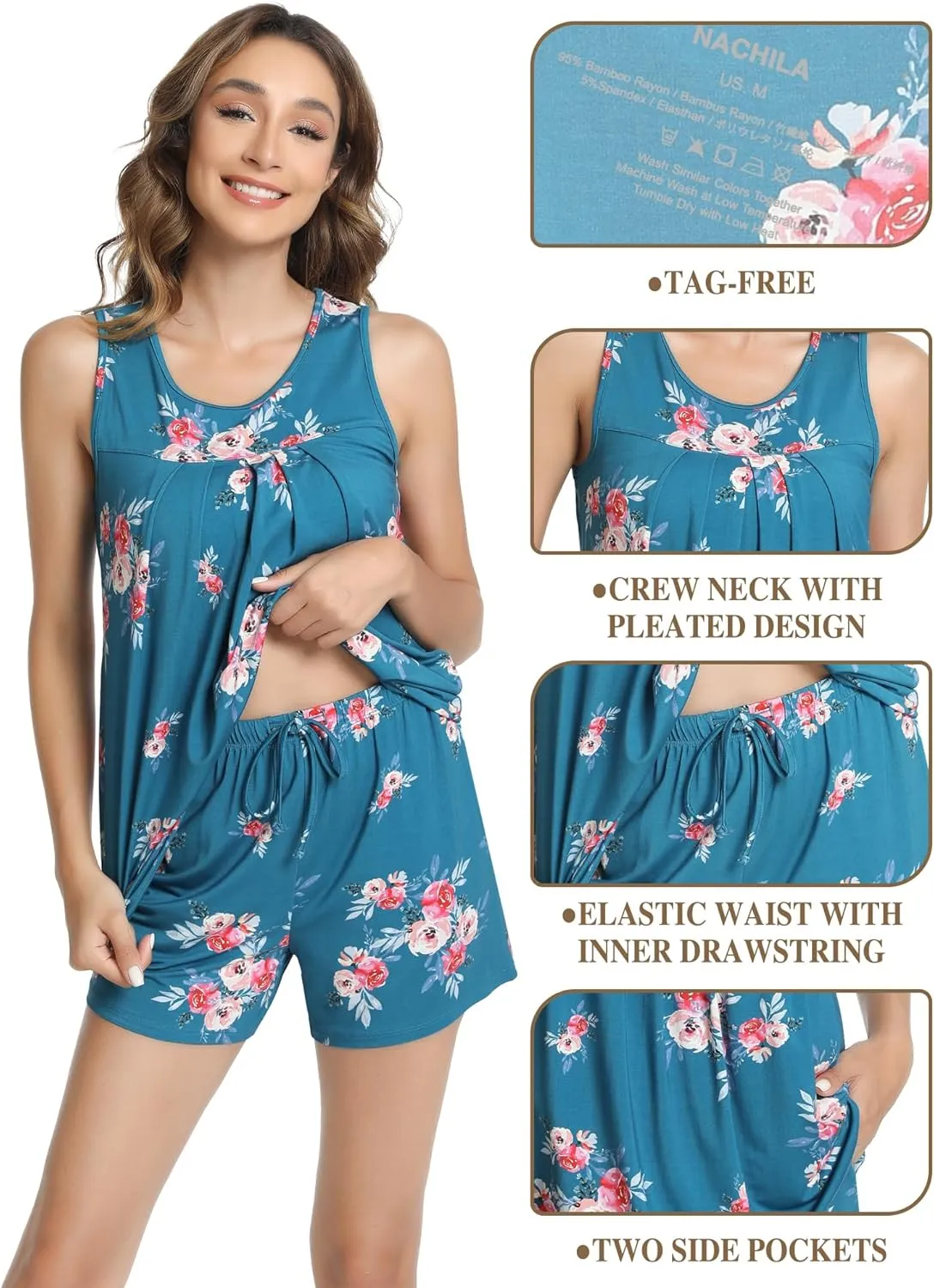 NACHILA Pajamas for Women-Viscose Made from Bamboo, Sleeveless Sleepwear Pleated Tank Top with Pajama Shorts Set Cool Pjs
