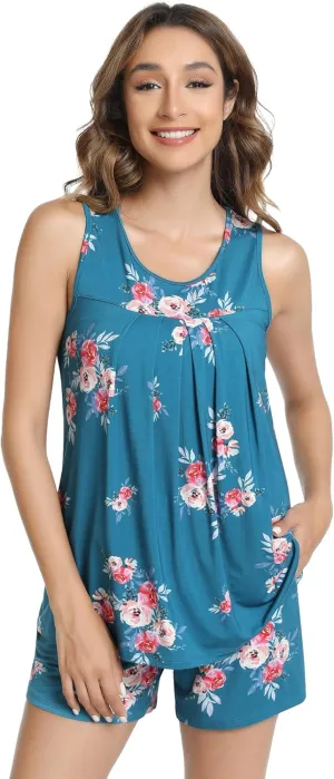 NACHILA Pajamas for Women-Viscose Made from Bamboo, Sleeveless Sleepwear Pleated Tank Top with Pajama Shorts Set Cool Pjs