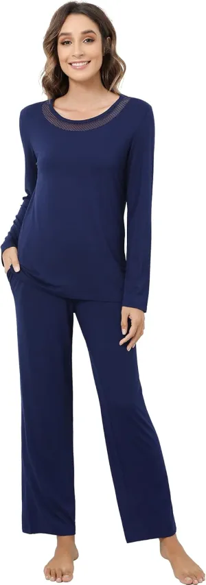 NACHILA Pajamas for Women-Viscose Made from Bamboo,Long Sleeve Sleepwear Comfy Pants Pajama Set Pleated Pjs with Pocket