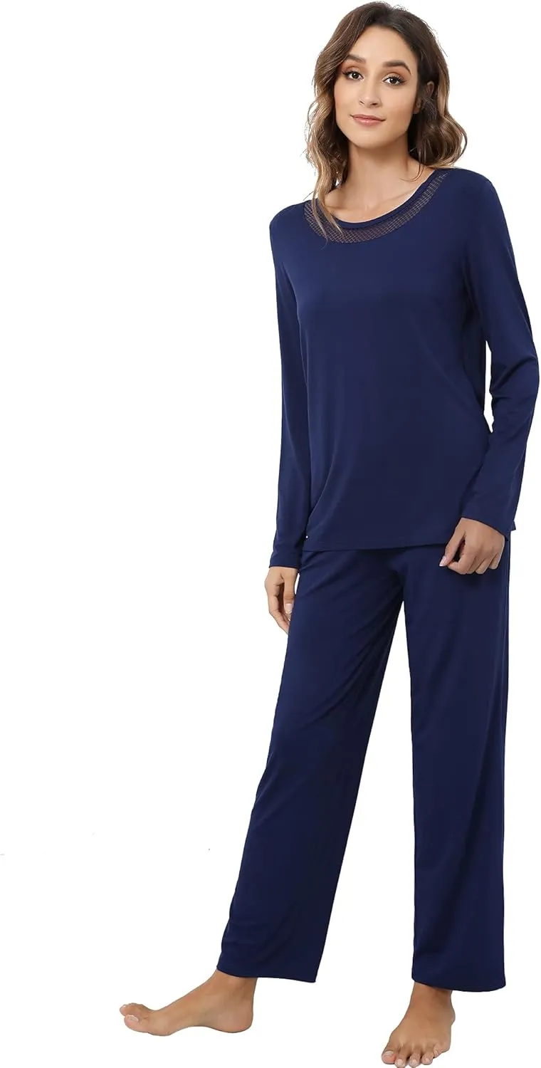 NACHILA Pajamas for Women-Viscose Made from Bamboo,Long Sleeve Sleepwear Comfy Pants Pajama Set Pleated Pjs with Pocket