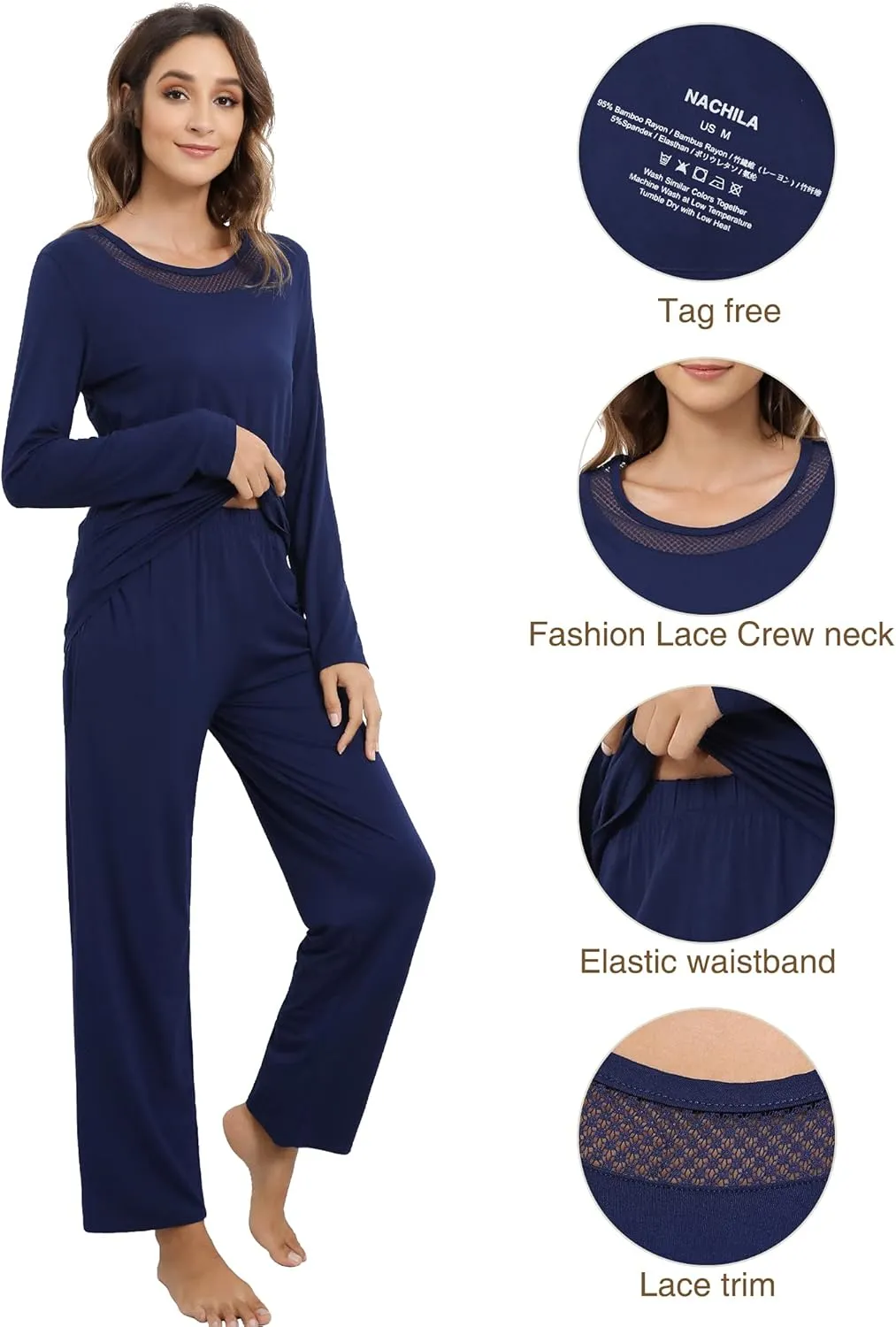 NACHILA Pajamas for Women-Viscose Made from Bamboo,Long Sleeve Sleepwear Comfy Pants Pajama Set Pleated Pjs with Pocket