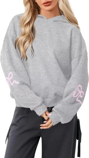 OLAPTA Women Oversized Bow Trim Print Hoodies Long Sleeve Fleeced Casual Graphic Pullover Trendy Fall Hooded Sweatshirts Top