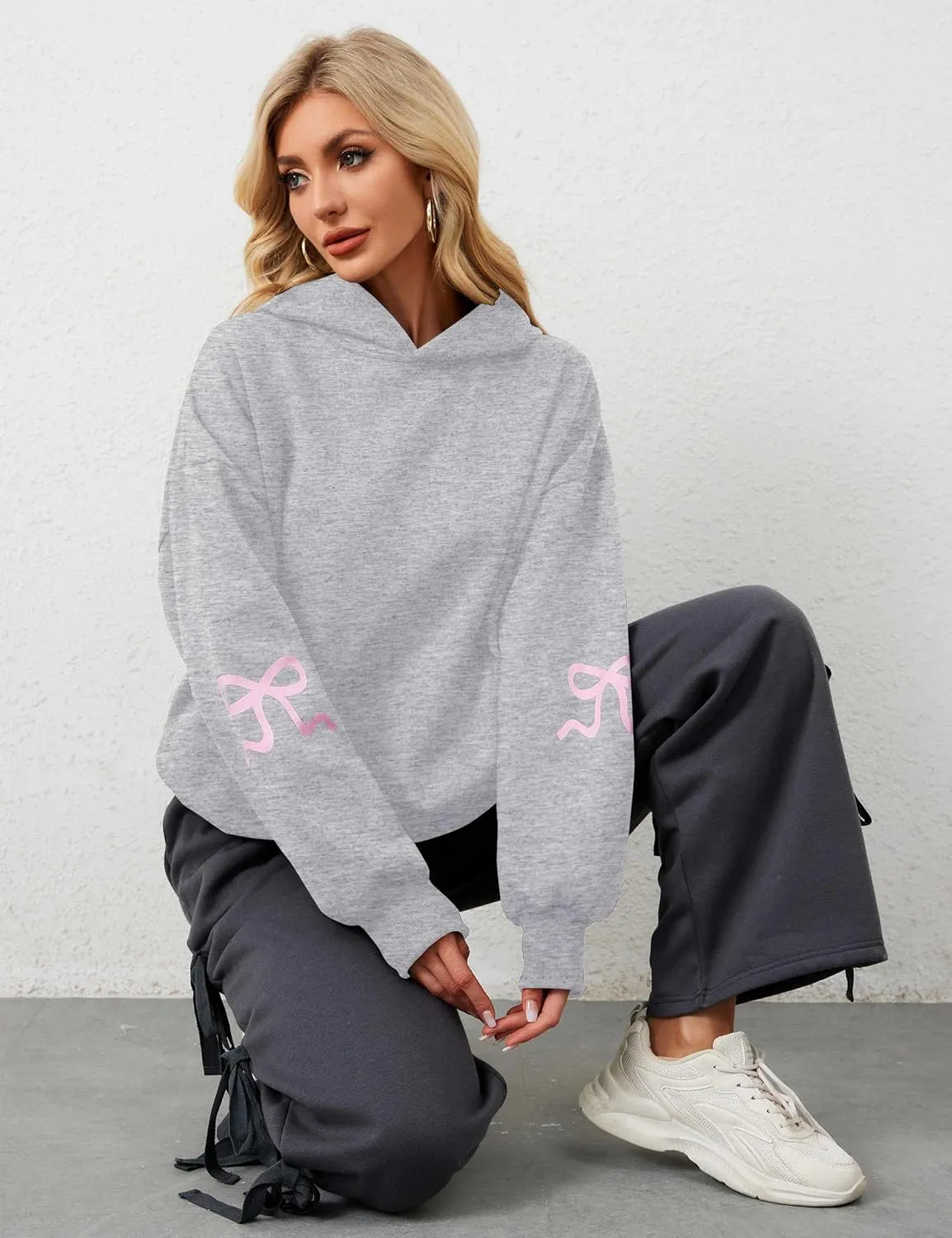 OLAPTA Women Oversized Bow Trim Print Hoodies Long Sleeve Fleeced Casual Graphic Pullover Trendy Fall Hooded Sweatshirts Top
