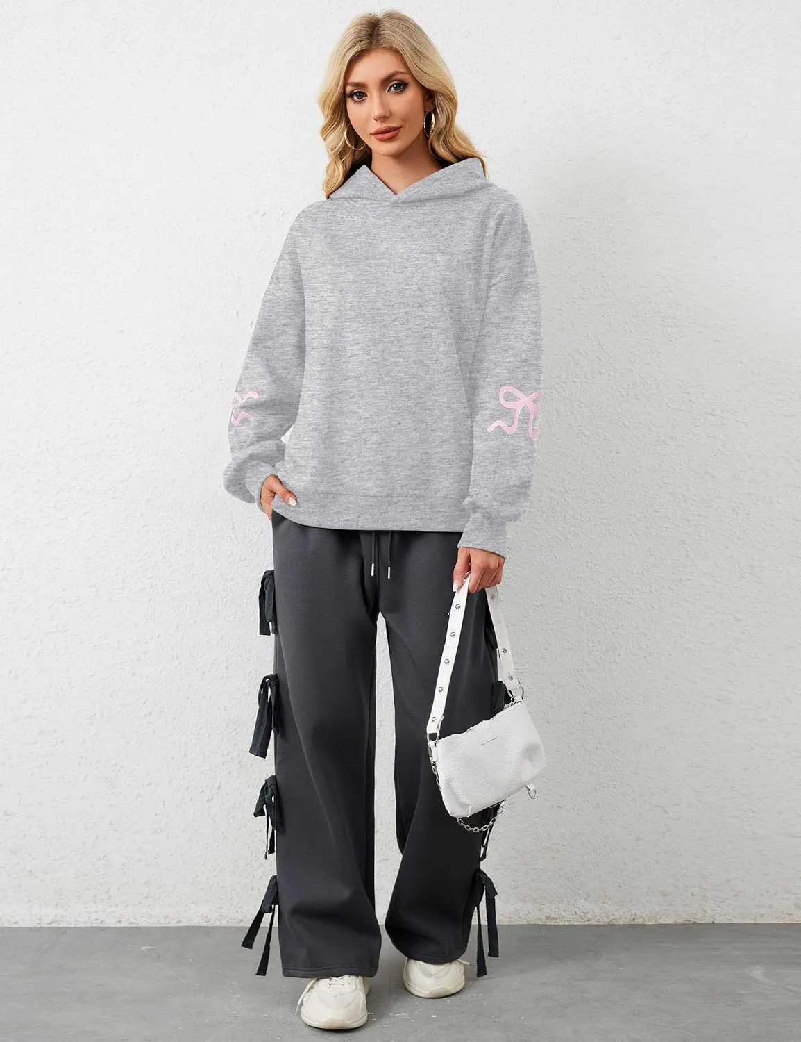 OLAPTA Women Oversized Bow Trim Print Hoodies Long Sleeve Fleeced Casual Graphic Pullover Trendy Fall Hooded Sweatshirts Top