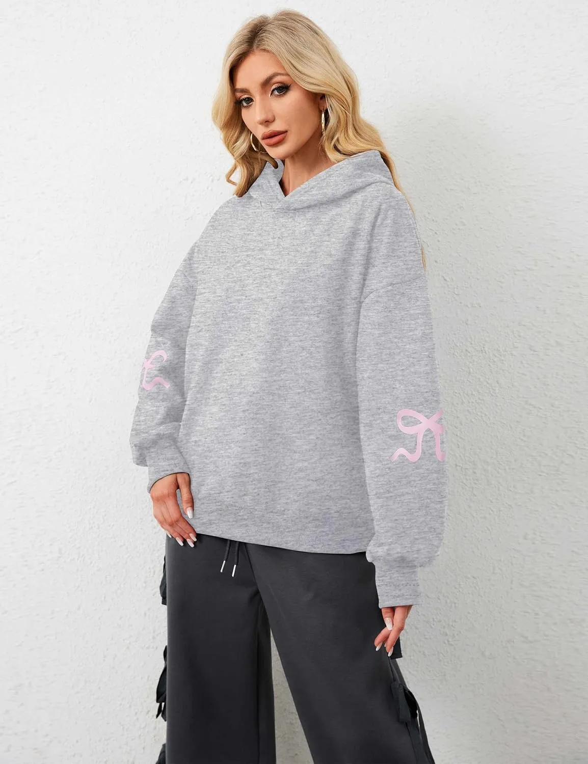 OLAPTA Women Oversized Bow Trim Print Hoodies Long Sleeve Fleeced Casual Graphic Pullover Trendy Fall Hooded Sweatshirts Top
