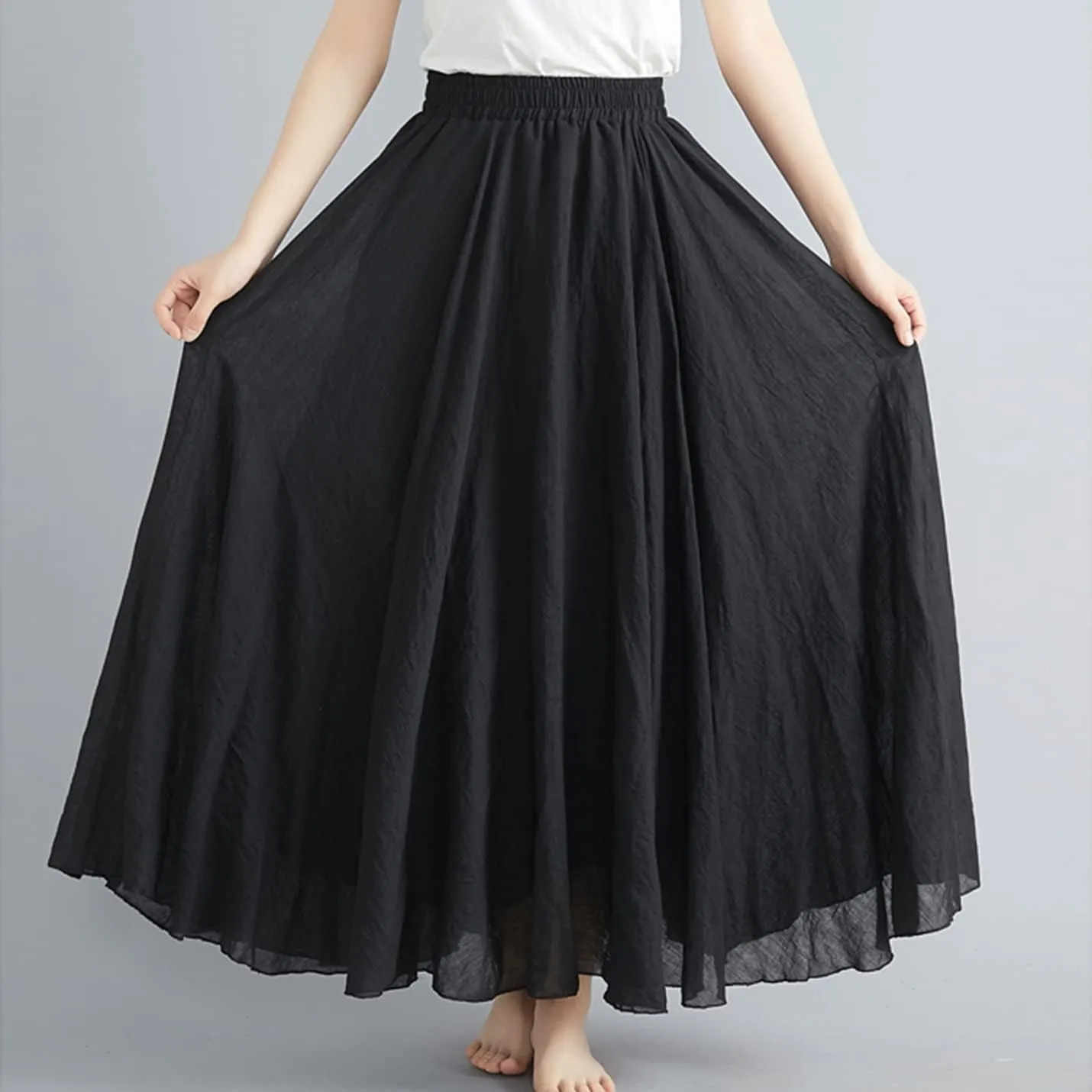 PEHMEA Women's Bohemian Cotton Linen Elastic Waist Full Circle Flowy Long Maxi Skirt