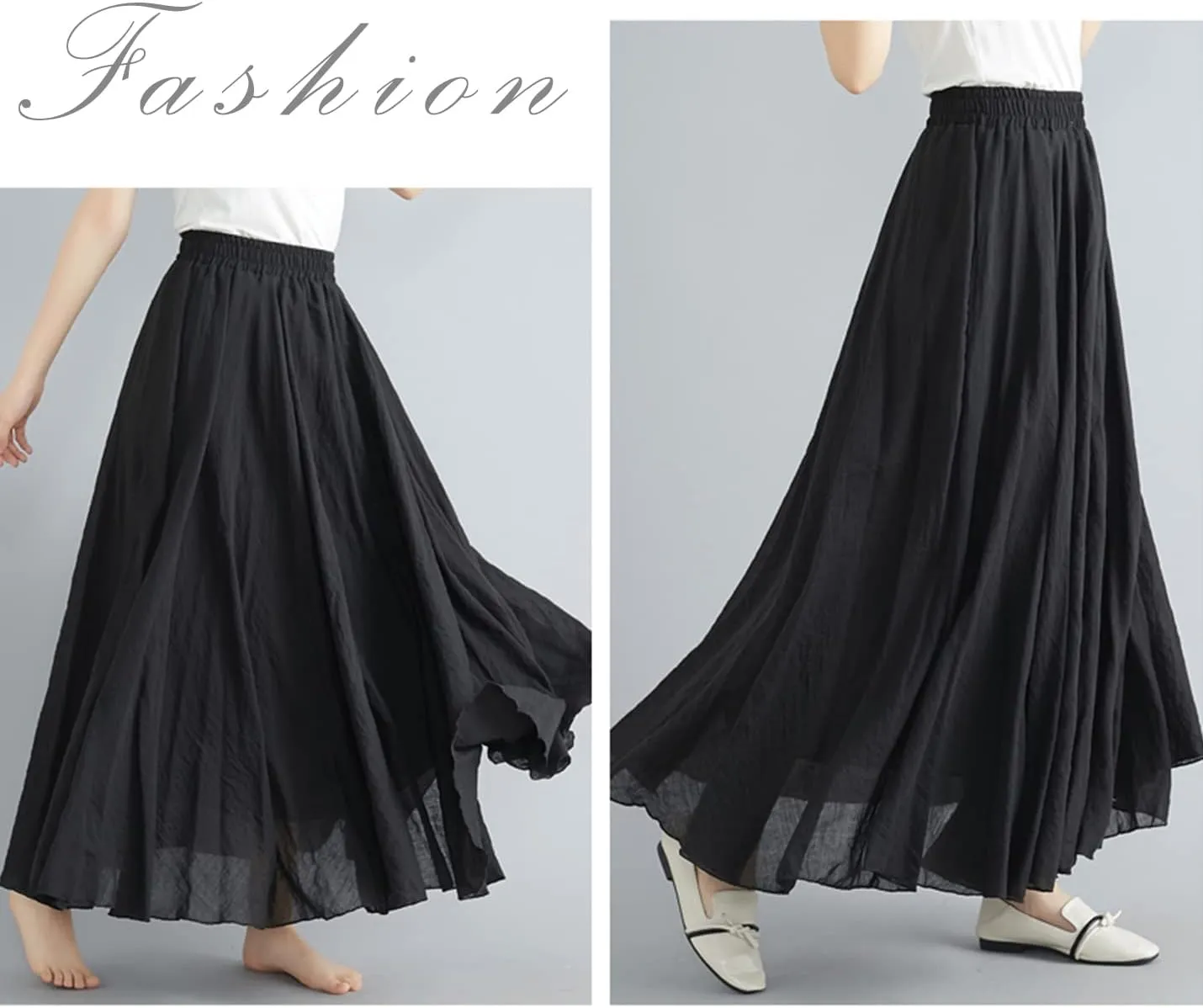 PEHMEA Women's Bohemian Cotton Linen Elastic Waist Full Circle Flowy Long Maxi Skirt