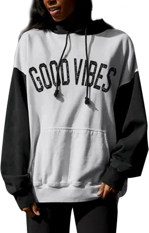 PESION Womens Pullover Hoodies Oversized Graphic Color Block Novelty Hoodie Sweatshirts with Pockets