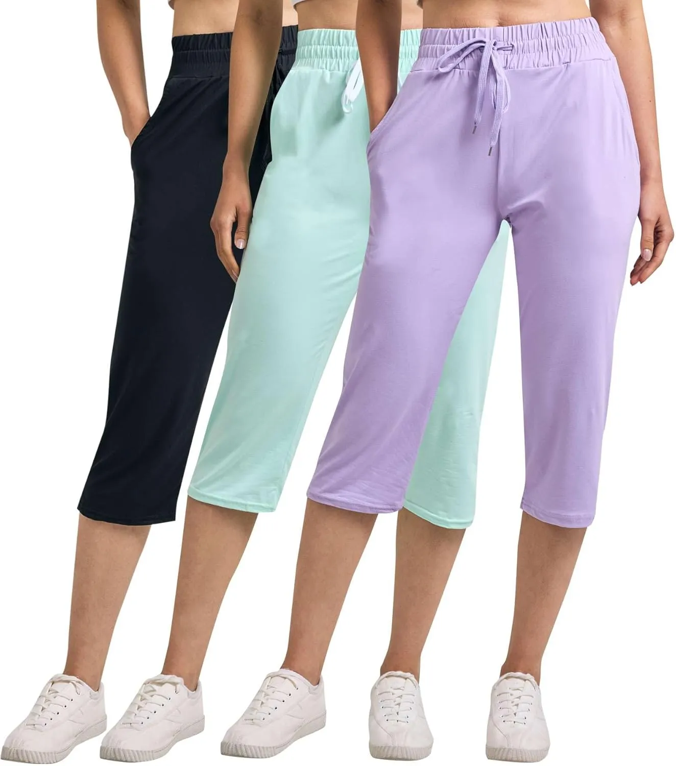 Real Essentials 3-Pack: Women's Capri Open Bottom Soft Sweatpants with Drawstring (Available in Plus Size)